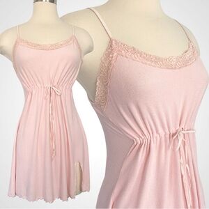 Y2K Josie Natori Ribbed Knit Pastel Pink Milkmaid Ballerina Chemise Slip Dress M